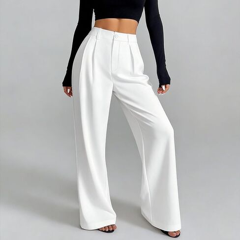 Women Wide Pants Office HIGT Elastic Waist Casual Pants Work Loose Fit Trousers Pleated Waist Back Business White Size M in Kuwait