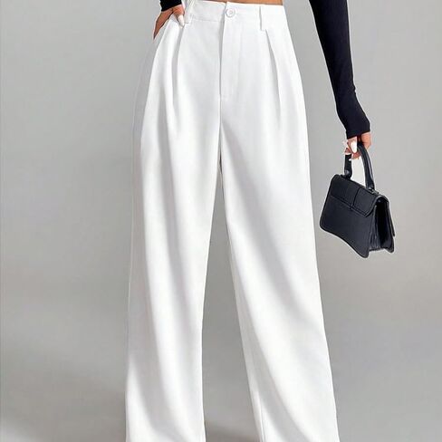 Women Wide Pants Office HIGT Elastic Waist Casual Pants Work Loose Fit Trousers Pleated Waist Back Business White Size M in Kuwait