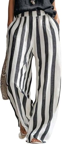 utcoco Women's Striped Wide Leg Pants Elastic Waist Linen Baggy Trousers Casual Summer Vacation Flowy Palazzo Pants in Kuwait