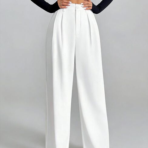 Women Wide Pants Office HIGT Elastic Waist Casual Pants Work Loose Fit Trousers Pleated Waist Back Business White Size M in Kuwait