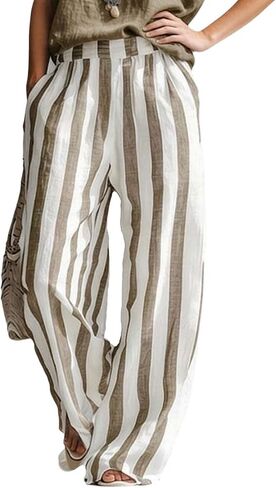 utcoco Women's Striped Wide Leg Pants Elastic Waist Linen Baggy Trousers Casual Summer Vacation Flowy Palazzo Pants in Kuwait