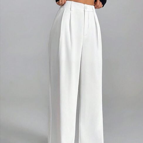 Women Wide Pants Office HIGT Elastic Waist Casual Pants Work Loose Fit Trousers Pleated Waist Back Business White Size M in Kuwait