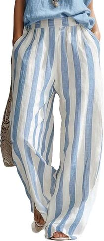 utcoco Women's Striped Wide Leg Pants Elastic Waist Linen Baggy Trousers Casual Summer Vacation Flowy Palazzo Pants in Kuwait