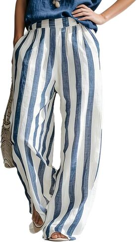 utcoco Women's Striped Wide Leg Pants Elastic Waist Linen Baggy Trousers Casual Summer Vacation Flowy Palazzo Pants in Kuwait