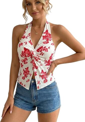 OYOANGLE Women's Boho Floral Print Crop Halter Top Twist Split Front Ruched Asymmetrical Cami Top in Kuwait