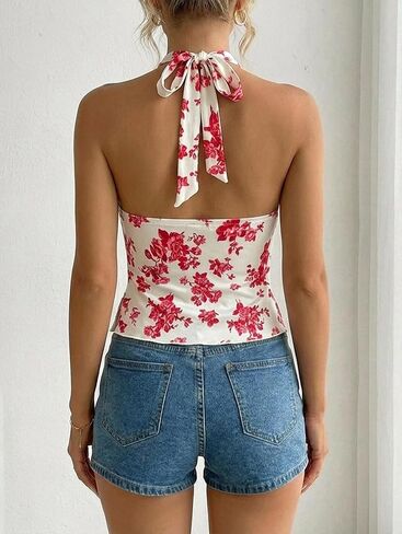 OYOANGLE Women's Boho Floral Print Crop Halter Top Twist Split Front Ruched Asymmetrical Cami Top in Kuwait