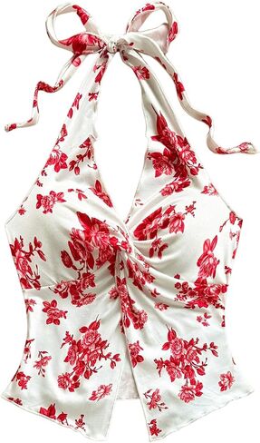 OYOANGLE Women's Boho Floral Print Crop Halter Top Twist Split Front Ruched Asymmetrical Cami Top in Kuwait