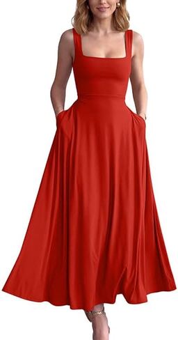 YMDUCH Women's Casual Sleeveless Square Neck A-Line Slim Flowy Long Corset Dress with Pockets in Kuwait