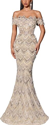 Women Off Shoulder Sequin Mermaid Evening Dress Lace Up Back Formal Gown Beaded Bodycon Prom Dress Party Wedding Guest in Saudi Arabia
