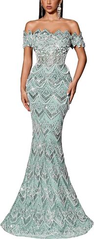Women Off Shoulder Sequin Mermaid Evening Dress Lace Up Back Formal Gown Beaded Bodycon Prom Dress Party Wedding Guest in Saudi Arabia