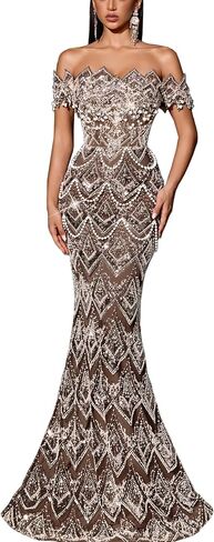 Women Off Shoulder Sequin Mermaid Evening Dress Lace Up Back Formal Gown Beaded Bodycon Prom Dress Party Wedding Guest in Saudi Arabia