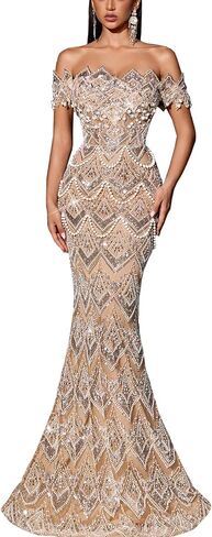 Women Off Shoulder Sequin Mermaid Evening Dress Lace Up Back Formal Gown Beaded Bodycon Prom Dress Party Wedding Guest in Saudi Arabia