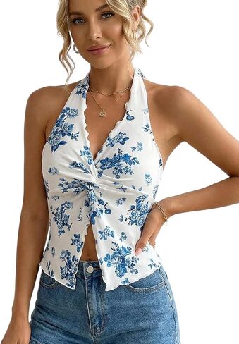 OYOANGLE Women's Boho Floral Print Crop Halter Top Twist Split Front Ruched Asymmetrical Cami Top in Kuwait