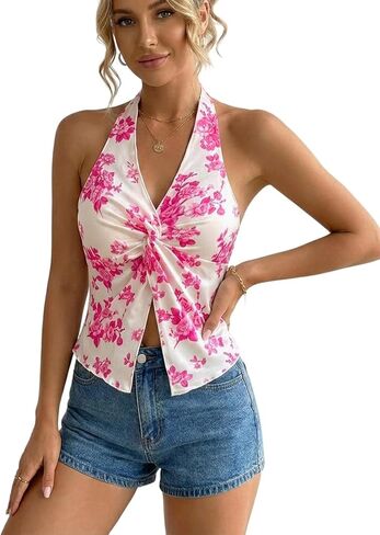 OYOANGLE Women's Boho Floral Print Crop Halter Top Twist Split Front Ruched Asymmetrical Cami Top in Kuwait