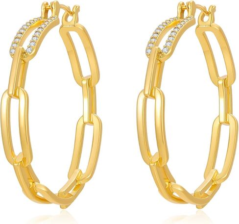 Gold Hoop Earrings for Women 14K Gold Plated Chunky Paperclip Chain Link Big Hoops with Cubic Zirconia Trendy Dangle Earrings Lightweight Statement Jewelry Gifts in Kuwait