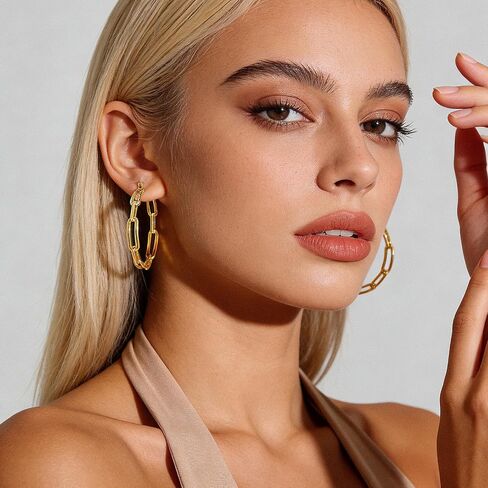 Gold Hoop Earrings for Women 14K Gold Plated Chunky Paperclip Chain Link Big Hoops with Cubic Zirconia Trendy Dangle Earrings Lightweight Statement Jewelry Gifts in Kuwait