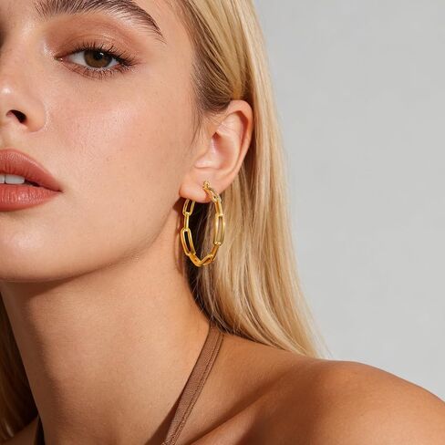 Gold Hoop Earrings for Women 14K Gold Plated Chunky Paperclip Chain Link Big Hoops with Cubic Zirconia Trendy Dangle Earrings Lightweight Statement Jewelry Gifts in Kuwait