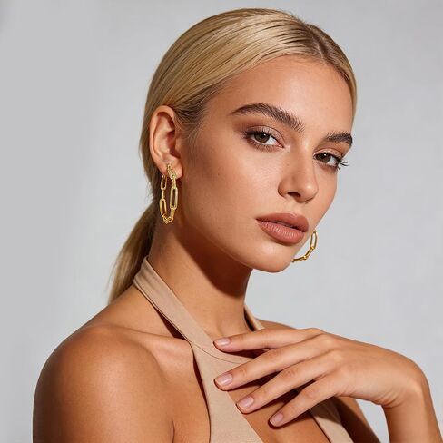 Gold Hoop Earrings for Women 14K Gold Plated Chunky Paperclip Chain Link Big Hoops with Cubic Zirconia Trendy Dangle Earrings Lightweight Statement Jewelry Gifts in Kuwait