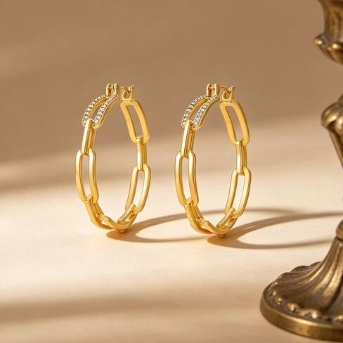 Gold Hoop Earrings for Women 14K Gold Plated Chunky Paperclip Chain Link Big Hoops with Cubic Zirconia Trendy Dangle Earrings Lightweight Statement Jewelry Gifts in Kuwait