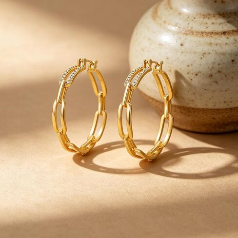 Gold Hoop Earrings for Women 14K Gold Plated Chunky Paperclip Chain Link Big Hoops with Cubic Zirconia Trendy Dangle Earrings Lightweight Statement Jewelry Gifts in Kuwait
