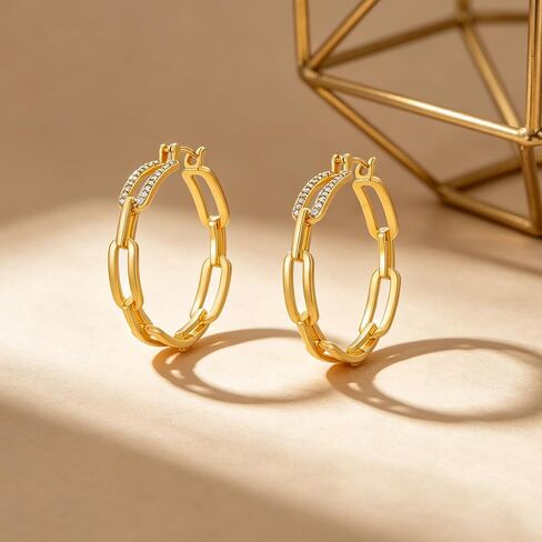 Gold Hoop Earrings for Women 14K Gold Plated Chunky Paperclip Chain Link Big Hoops with Cubic Zirconia Trendy Dangle Earrings Lightweight Statement Jewelry Gifts in Kuwait