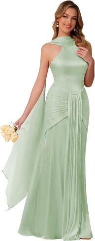 Halter Bridesmaid Dresses Long with Scarf Shimmer Chiffon Formal Dress Pleated Mermaid Evening Gowns for Women in Saudi Arabia