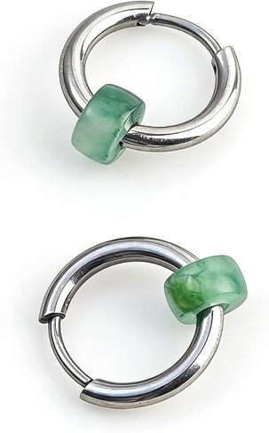 ANNIE WU Natural Jade Hoop Earrings for Women, Minimalist Silver Tone Huggie Hoop Earrings with Green Jade Bead, Lightweight Dainty Earrings, Everyday Jewelry Gift for Mom Wife Daughter Girlfriend in Saudi Arabia