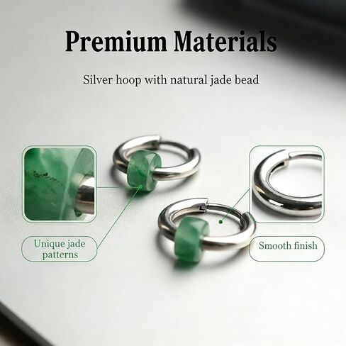 ANNIE WU Natural Jade Hoop Earrings for Women, Minimalist Silver Tone Huggie Hoop Earrings with Green Jade Bead, Lightweight Dainty Earrings, Everyday Jewelry Gift for Mom Wife Daughter Girlfriend in Saudi Arabia