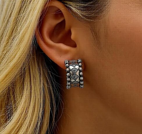 Silver Bohemian, Western, Aztec, Tribal Inspired Earrings, Hoop, Huggie, Cowgirl, Rodeo, Western Earrings, 14k Gold Plated Needle in Saudi Arabia