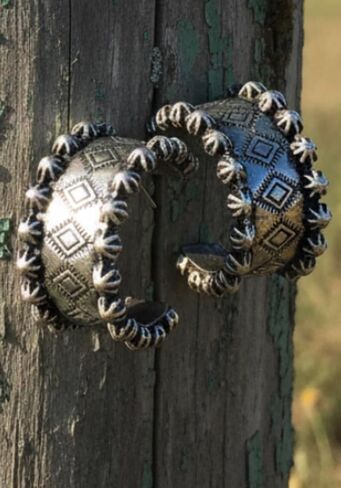 Silver Bohemian, Western, Aztec, Tribal Inspired Earrings, Hoop, Huggie, Cowgirl, Rodeo, Western Earrings, 14k Gold Plated Needle in Saudi Arabia