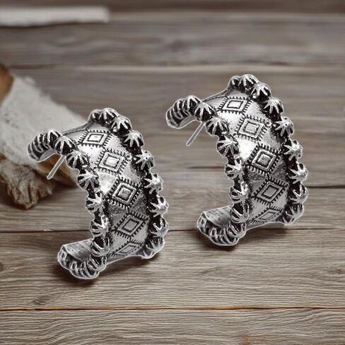 Silver Bohemian, Western, Aztec, Tribal Inspired Earrings, Hoop, Huggie, Cowgirl, Rodeo, Western Earrings, 14k Gold Plated Needle in Saudi Arabia