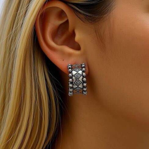 Silver Bohemian, Western, Aztec, Tribal Inspired Earrings, Hoop, Huggie, Cowgirl, Rodeo, Western Earrings, 14k Gold Plated Needle in Saudi Arabia
