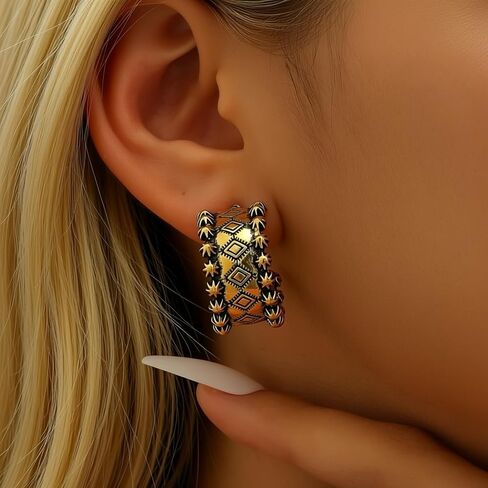 Silver Bohemian, Western, Aztec, Tribal Inspired Earrings, Hoop, Huggie, Cowgirl, Rodeo, Western Earrings, 14k Gold Plated Needle in Saudi Arabia