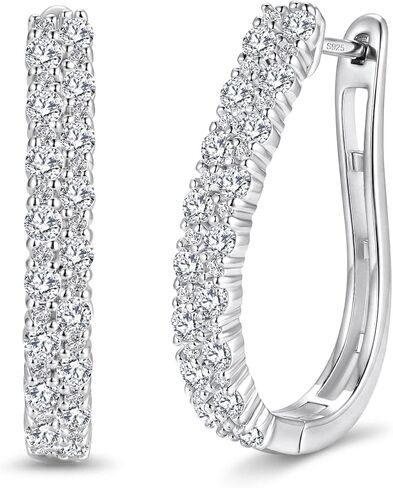 RINEY&KY Moissanite Earrings for Women 18K White Gold Plated Hoop Earrings Sterling Silver Lab Created Diamond Huggies Hoops Lightweight Small 2Rows 26.4MM 1.2CT VVS1 D Certified in Saudi Arabia