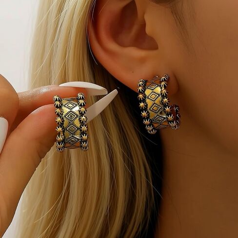 Silver Bohemian, Western, Aztec, Tribal Inspired Earrings, Hoop, Huggie, Cowgirl, Rodeo, Western Earrings, 14k Gold Plated Needle in Saudi Arabia