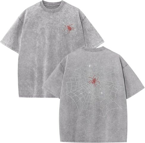 Men's Rhinestone Graphic Tee Spider Grunge Shirts Vintage Oversized Acid Wash T Shirts Y2k Streetwear Cotton Tops in Saudi Arabia