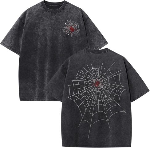 Men's Rhinestone Graphic Tee Spider Grunge Shirts Vintage Oversized Acid Wash T Shirts Y2k Streetwear Cotton Tops in Saudi Arabia