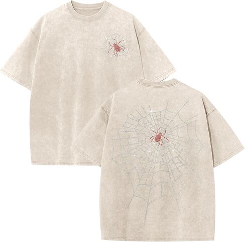 Men's Rhinestone Graphic Tee Spider Grunge Shirts Vintage Oversized Acid Wash T Shirts Y2k Streetwear Cotton Tops in Saudi Arabia