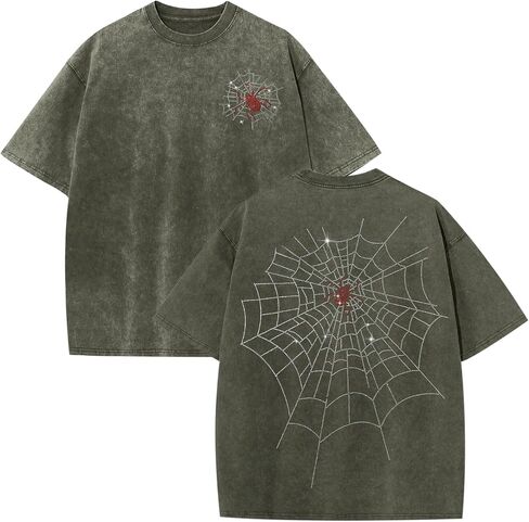Men's Rhinestone Graphic Tee Spider Grunge Shirts Vintage Oversized Acid Wash T Shirts Y2k Streetwear Cotton Tops in Saudi Arabia