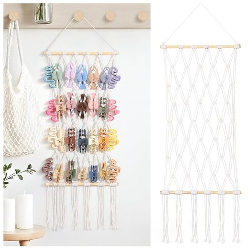 SNOWSTAR Macrame Claw Clip Organizer, Hanging Hair Clip Holder for Women Girls, 4-Tier Diamond-Shaped Grid Claw Clip Hanger, Hanging for Wall,Door,Closet. (white) in Saudi Arabia