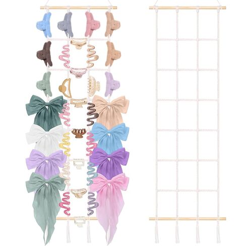 SNOWSTAR Macrame Claw Clip Organizer, Hanging Hair Clip Holder for Women Girls, 4-Tier Diamond-Shaped Grid Claw Clip Hanger, Hanging for Wall,Door,Closet. (white) in Saudi Arabia