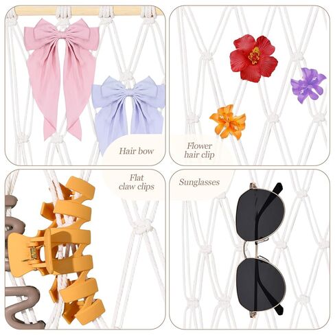 SNOWSTAR Macrame Claw Clip Organizer, Hanging Hair Clip Holder for Women Girls, 4-Tier Diamond-Shaped Grid Claw Clip Hanger, Hanging for Wall,Door,Closet. (white) in Saudi Arabia