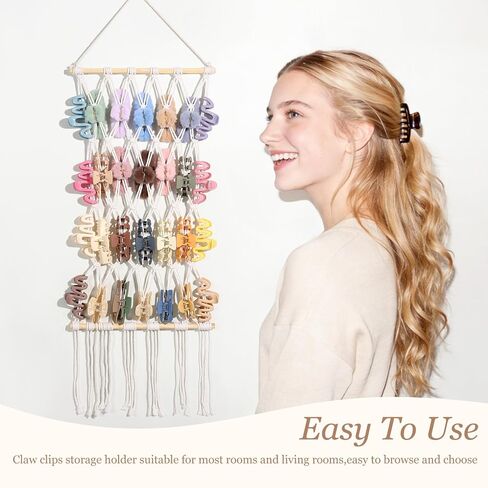 SNOWSTAR Macrame Claw Clip Organizer, Hanging Hair Clip Holder for Women Girls, 4-Tier Diamond-Shaped Grid Claw Clip Hanger, Hanging for Wall,Door,Closet. (white) in Saudi Arabia