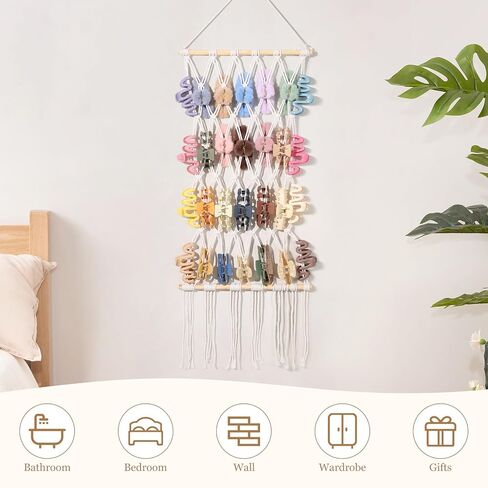 SNOWSTAR Macrame Claw Clip Organizer, Hanging Hair Clip Holder for Women Girls, 4-Tier Diamond-Shaped Grid Claw Clip Hanger, Hanging for Wall,Door,Closet. (white) in Saudi Arabia