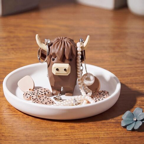 Highland Cow Ring Holder with Circular Dish 3D Printed Plastic Marble Cute Women Gifts Stuff Jewelry Plate Organizer in Kuwait