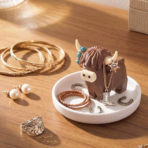 Highland Cow Ring Holder with Circular Dish 3D Printed Plastic Marble Cute Women Gifts Stuff Jewelry Plate Organizer in Kuwait