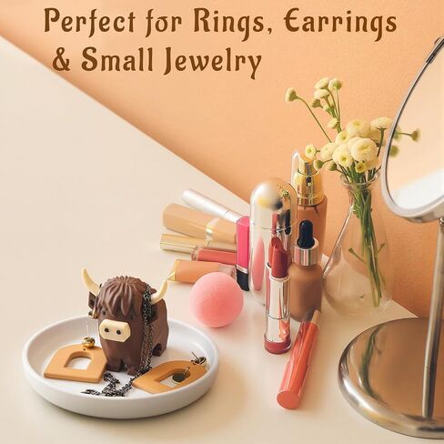 Highland Cow Ring Holder with Circular Dish 3D Printed Plastic Marble Cute Women Gifts Stuff Jewelry Plate Organizer in Kuwait