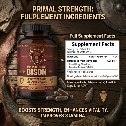 Primal Edge Bison، كبسولات مستخلص البيسون الأمريكي البدائي، مكمل لأعضاء البيسون الأمريكي الذي يتغذى على العشب - 60 كبسولة. (قطعة واحدة) in Kuwait