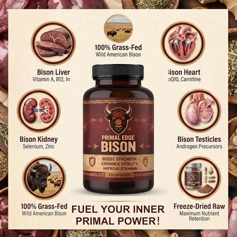Primal Edge Bison، كبسولات مستخلص البيسون الأمريكي البدائي، مكمل لأعضاء البيسون الأمريكي الذي يتغذى على العشب - 60 كبسولة. (قطعة واحدة) in Kuwait
