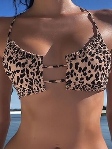 Women's Leopard Print Bikini Set - Sexy Cutout Halter Neck Two Piece Swimsuit with Tie Side Bottoms for Beach & Pool in Kuwait